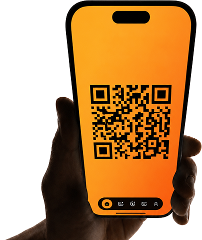 A hand holding a phone scanning a QR code